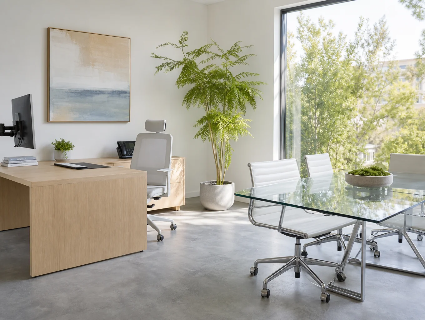 Modern uncluttered commercial office furniture showroom interior