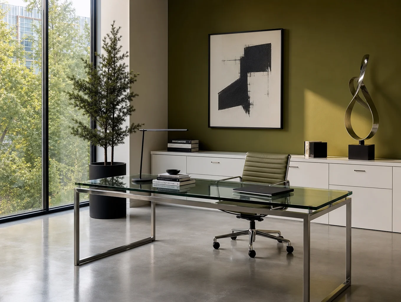 Sunlit commercial office workspace with executive wood desk and ergonomic mesh chairs