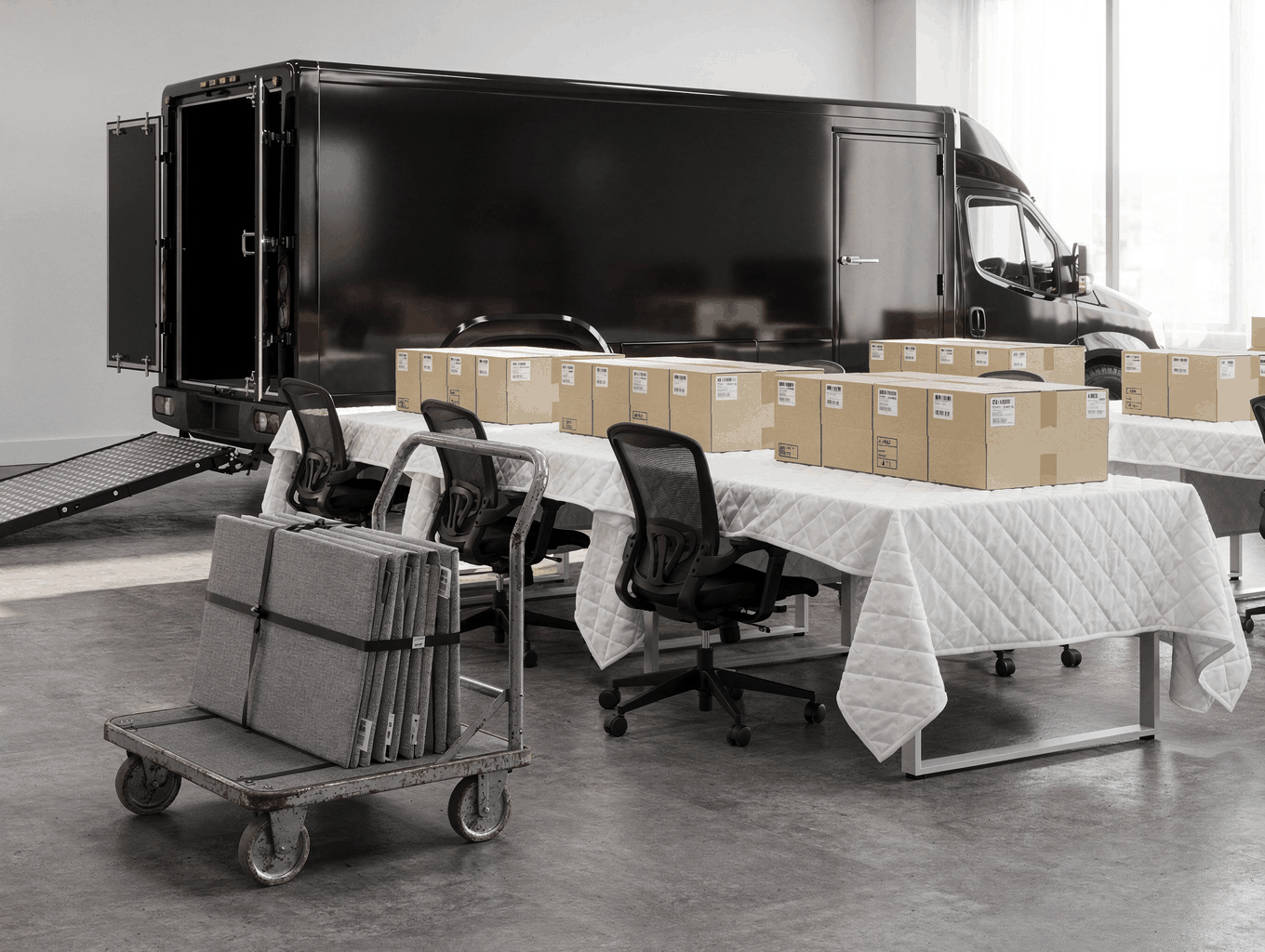 Palletized and securely packaged commercial furniture ready for freight shipment.